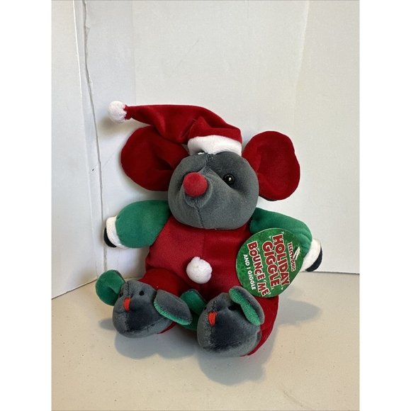 Christmas Mouse Gray With Mouse Slippers Giggles When You Tap His Belly 8” W/tag - Picture 1 of 14